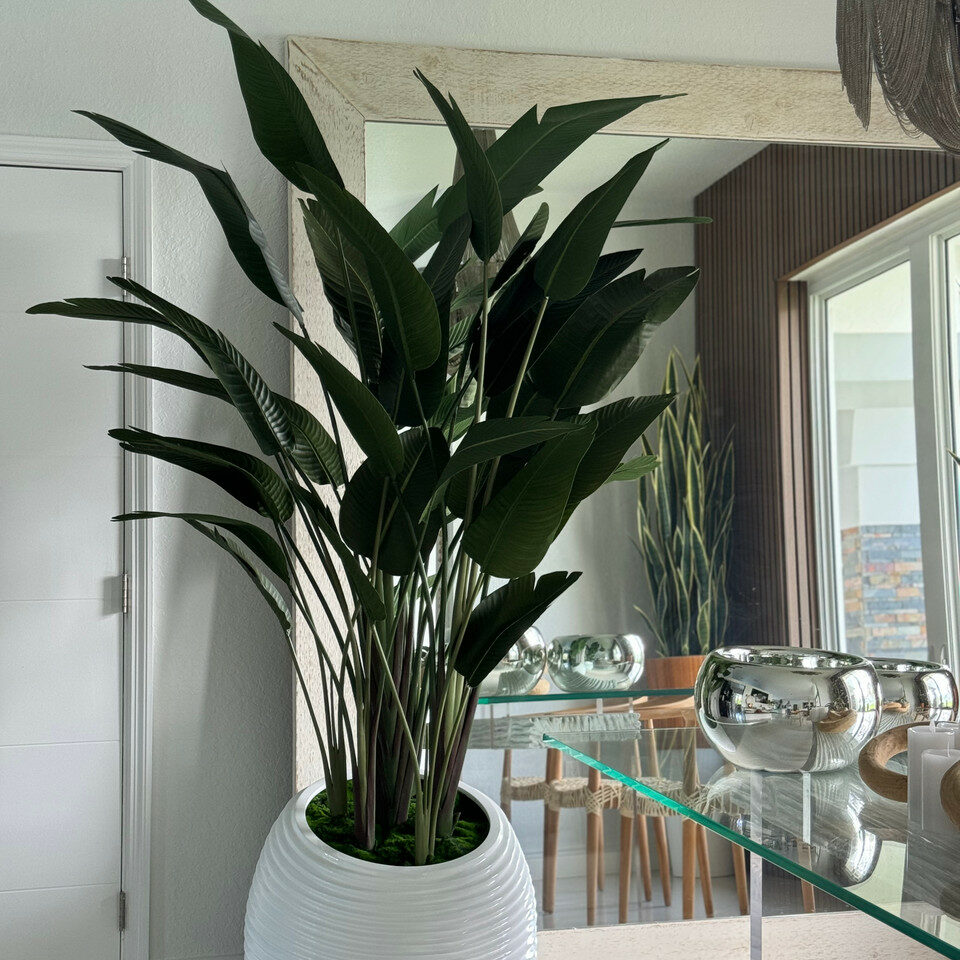 Paradiesvogelblume in weißer Spiralvase